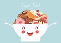 Funny kawaii bowl with sweet food and desserts vector illustration. Poster with cakes, bakery and pastry. Pastry dessert