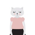 Funny Kawaii cat girl, closed eyes, pink cheeks, cartoon pet gray pink black isolated on white background. Can be used for