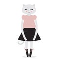 Funny Kawaii cat girl, closed eyes, pink cheeks, cartoon pet gray pink black isolated on white background. Can be used for