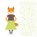 Funny Kawaii fox girl in dress with pink cheeks, cartoon brown green orange isolated on white dot background. Can be used for Royalty Free Stock Photo