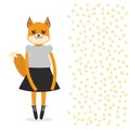 Funny Kawaii fox girl in dress with pink cheeks, cartoon orange gray black isolated on white dot background. Can be used for Royalty Free Stock Photo