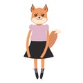 Funny Kawaii fox girl in dress with pink cheeks, cartoon pet redhead black isolated on white background. Can be used for greeting Royalty Free Stock Photo