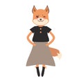 Funny Kawaii fox girl in dress with pink cheeks, cartoon pet redhead gray black isolated on white background. Can be used for Royalty Free Stock Photo