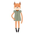 Funny Kawaii fox girl in dress with pink cheeks, cartoon pet redhead gray black isolated on white background. Can be used for Royalty Free Stock Photo