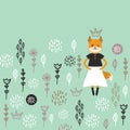 Funny Kawaii fox girl in dress with pink cheeks, cartoon pet redhead Gray black white on blue flowers leaves background. Can be Royalty Free Stock Photo