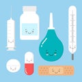 Funny kawaii medicine equipment cartoon characters. Thermometer, syringe, tablet, plaster, pill isolated illustration. Cute