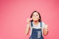 Funny kid blowing soap bubbles isolated Royalty Free Stock Photo