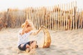 Funny kid boy resting on sand beach Royalty Free Stock Photo