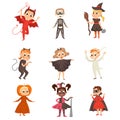 Funny Kid Characters Dressed in Halloween Costumes Vector Set Royalty Free Stock Photo