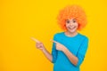 Funny kid with curly hair wig. Cute little girl with fancy hair. Child wearing bright redhead clown hair wig. Happy Royalty Free Stock Photo