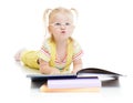 Funny kid in eyeglases reading book isolated