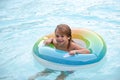 Funny kid in swimming pool. Child summertime holiday vacation. Boy at swimmingpool. Childhood. Royalty Free Stock Photo
