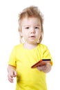 Funny kid talking on a cell phone isolated Royalty Free Stock Photo