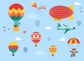 Funny kids air transport set with little animals. Hot air balloon, airship, airplane and parachutist cartoon vector illustration Royalty Free Stock Photo