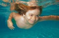 Funny kids boy play and swim in the sea water. Child swimming underwater in swimming pool. Cute boy swimming underwater Royalty Free Stock Photo