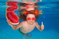 Funny kids boy with watermelon swim in the sea water. Child swimming underwater in swimming pool. Summer vacation with Royalty Free Stock Photo