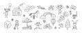 Funny kids and children playground. Swing, slide, teeter and sandbox in doodle style. Kid drawing of house, rainbow,tree