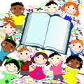 Funny kids of different races with big book Royalty Free Stock Photo