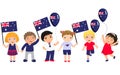 Funny kids of different races with various hairstyles with flags. graphic design to the Australia holidays