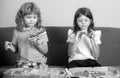 Funny kids eating pizza. Little girl and boy eat pizza. Royalty Free Stock Photo