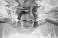 Funny kids face under water. Children playing in swimming pool. Underwater. Child in the swimming pool. Cute kid boy Royalty Free Stock Photo