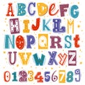Funny kids font. Comic childish latin letters and arabic numbers, creative bright colorful english cute alphabet