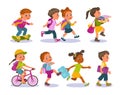 Funny kids get to school. Students with backpacks go and run for lessons. Children ride bikes or skateboards. Girls and Royalty Free Stock Photo