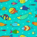 Funny kids pattern with colorful cartoon fishes