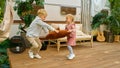 Funny kids play at the trailer, summer camping