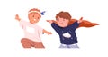 Funny kids playing Indians. Happy joyful little children running, having fun. Preschool boys friends, toddlers during