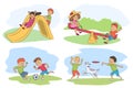 Funny kids recreation vector summer scenes set