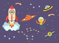 Funny kids space transport set. Spaceship, UFO, space station and space robot cartoon vector illustration isolated on dark Royalty Free Stock Photo