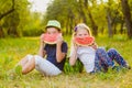 Funny kids taste watermelon. Child Healthy Eating