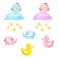 Funny kids toys - elephants, owls, ducks, clouds and stars. Watercolor illustration