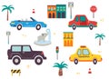 Funny kids transport set with road signs. Cars and vehicles cartoon vector illustration isolated on white background Royalty Free Stock Photo