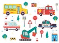 Funny kids transport set with road signs. School bus, ambulance, excavator, fire engine, police car cartoon vector illustration Royalty Free Stock Photo