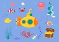 Funny kids underwater set. Submarine cartoon vector illustration isolated on blue background