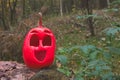 Funny and kind halloween pumpkin of pink color in the autumn forest. on a felled tree trunk Royalty Free Stock Photo