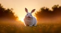 Funny kind rabbit in a field in the grass against the backdrop of the setting sun.