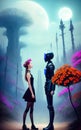 Funny kind robot gives flowers to girl