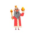 Funny king character in red mantle holding orb and scepter cartoon vector Illustration