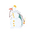 Funny king snowman character in a crown and mantle, Christmas and New Year holidays decoration element vector