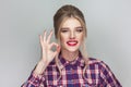 funny kissing beautiful girl with pink checkered shirt, collected updo hairstyle and makeup standing and showing Ok sign and look