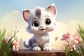 Funny kitten cartoon character sitting among flowers Royalty Free Stock Photo