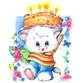 funny kitten. decor for kid Birthday background for holiday. watercolor illustration