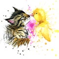 Funny kitten and duck watercolor illustration