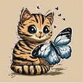 Funny kitten looks and play with a flying butterfly Royalty Free Stock Photo