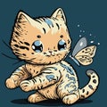 Funny kitten looks and play with a flying butterfly Royalty Free Stock Photo