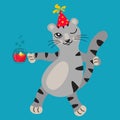 Funny kitten in a red cap on the holiday. He drinks a cool drink, lemonade, or tea. Cute character winks, celebrates the