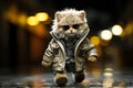 funny kitten with si-unglasses walking in the street, AI generated